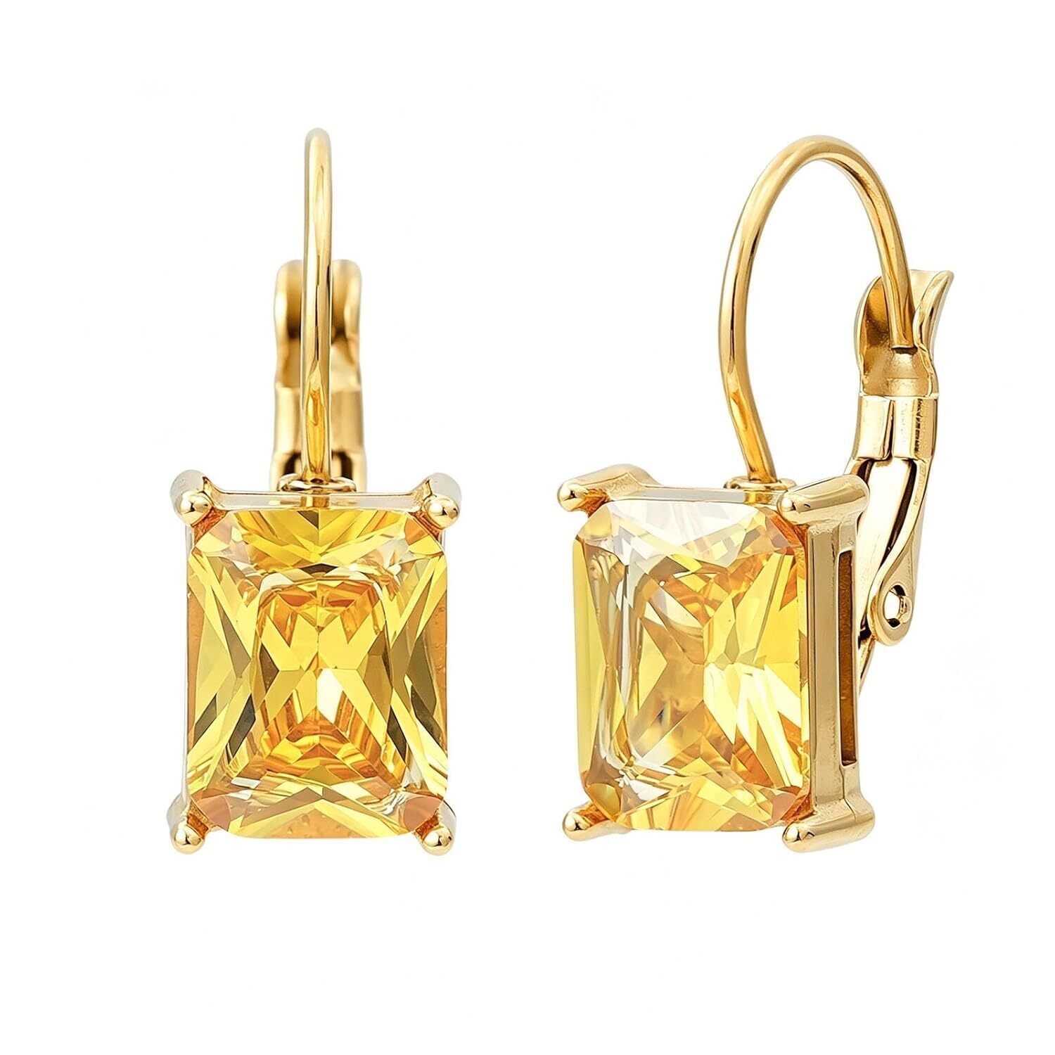 Emerald Cut Citrine Leverback Earrings 18k Gold Plated Yellow Cz